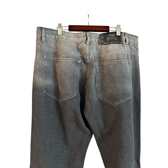 Rebel Vengence Men’s Bootcut Jeans Distressed Patches Gray Size 34 Ombré - Picture 6 of 10